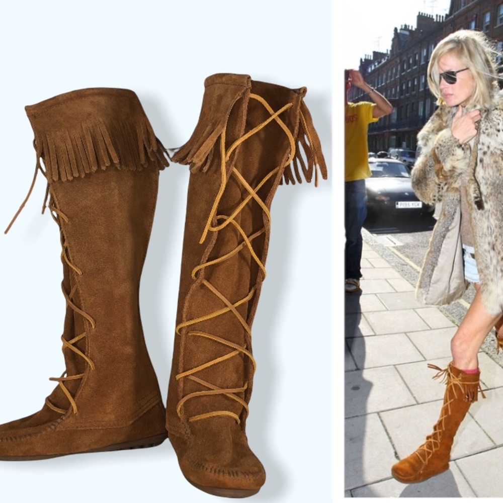 Minnetonka Brown Suede Knee High Fringe Lace Up Hardsole Moccasin Boots Sz 6